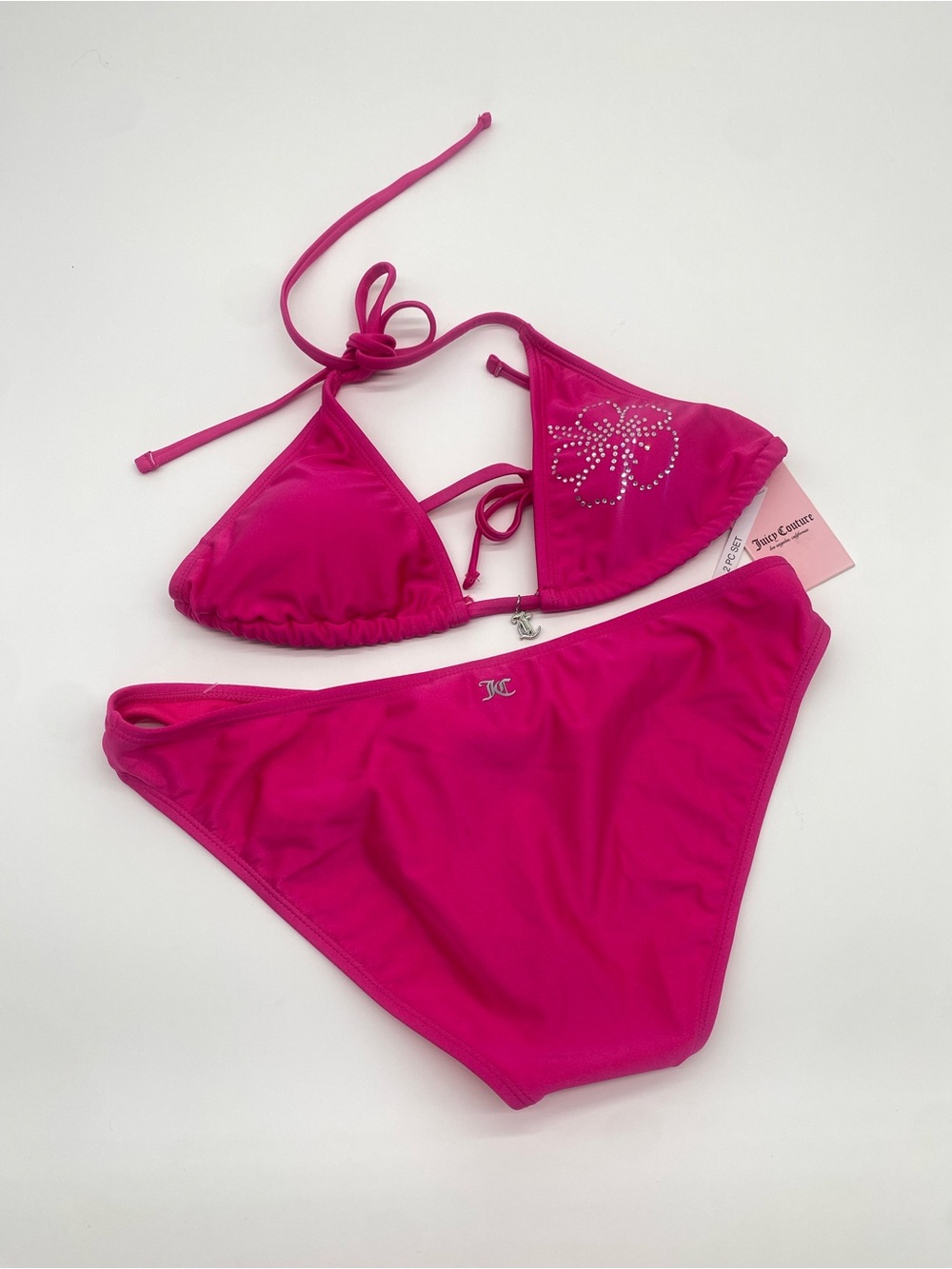 Juicy Couture Hot Pink Rhinestone Bikini 2 Piece Swimsuit Size Large Y2K